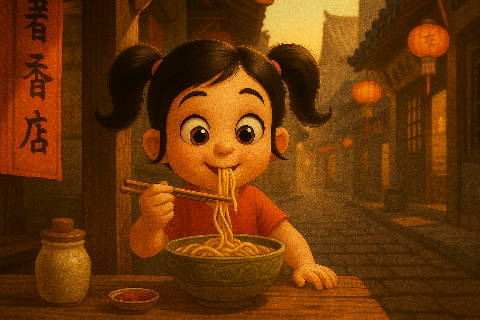 Eating my favorite food, noodles! Yummy!